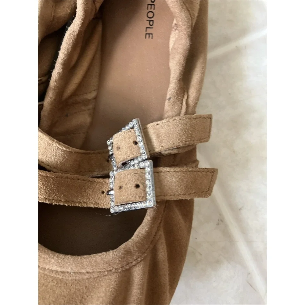 Free People Gemini Mary Jane Ballet Flats Size 7 Crystal Buckles‎ Brown Suede